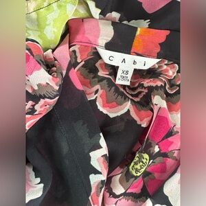 CAbi Babydoll Blouse‎ XS Black Sheer Floral Tunic V Neck Tie Back 3/4 Sleeve Y2K